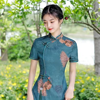 Vasaros 2023 Šifono Cheongsam Pagerino Vidutinio ilgio Slim Fit Elegantiškas Qipao Pokylių Šalies Kinų Stiliaus Vakaras Suknelė Moterims