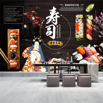 Japonų Virtuvė, Suši Sienų Tapetai, 3D Japonų Restoranas Pramonės Dekoro Geiša Vyšnių Žiedų Fone Sienos Popieriaus 3D
