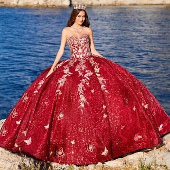 Raudona Blizga Quinceanera Suknelės Brangioji Kamuolys Suknelė Princesė Aplikacijos, Nėrinių Gimtadienio Suknelė Nėriniai-Up Gimtadienio Saldus 16 vestidos de 15