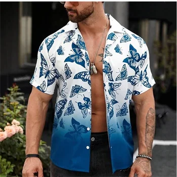 2023 Nauji vyriški Marškiniai Vasaros Havajų Marškinėliai Drugelis Gradientas Modelio Spausdinimo Mėlyna Gatvės Trumpas Rankovės Mados Dizaineris Atsitiktinis