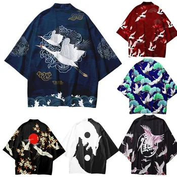 Juodas Kimono Megztinis Moterims, Vyrams Japonijos Obi Vyrų Yukata Vyrų Haori Japonijos Banga Karpis Spausdinti Kailis Tradicinius Japonijos Drabužius