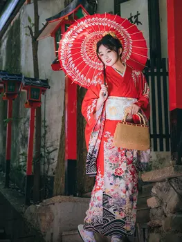 Moterų Japonijos Tradicinių Kimono Raudonos Spalvos, ilgomis Rankovėmis Oficialų Yukata Cosplay Kostiumas, Suknelė, Atliekanti Dėvėti Miego Skraiste